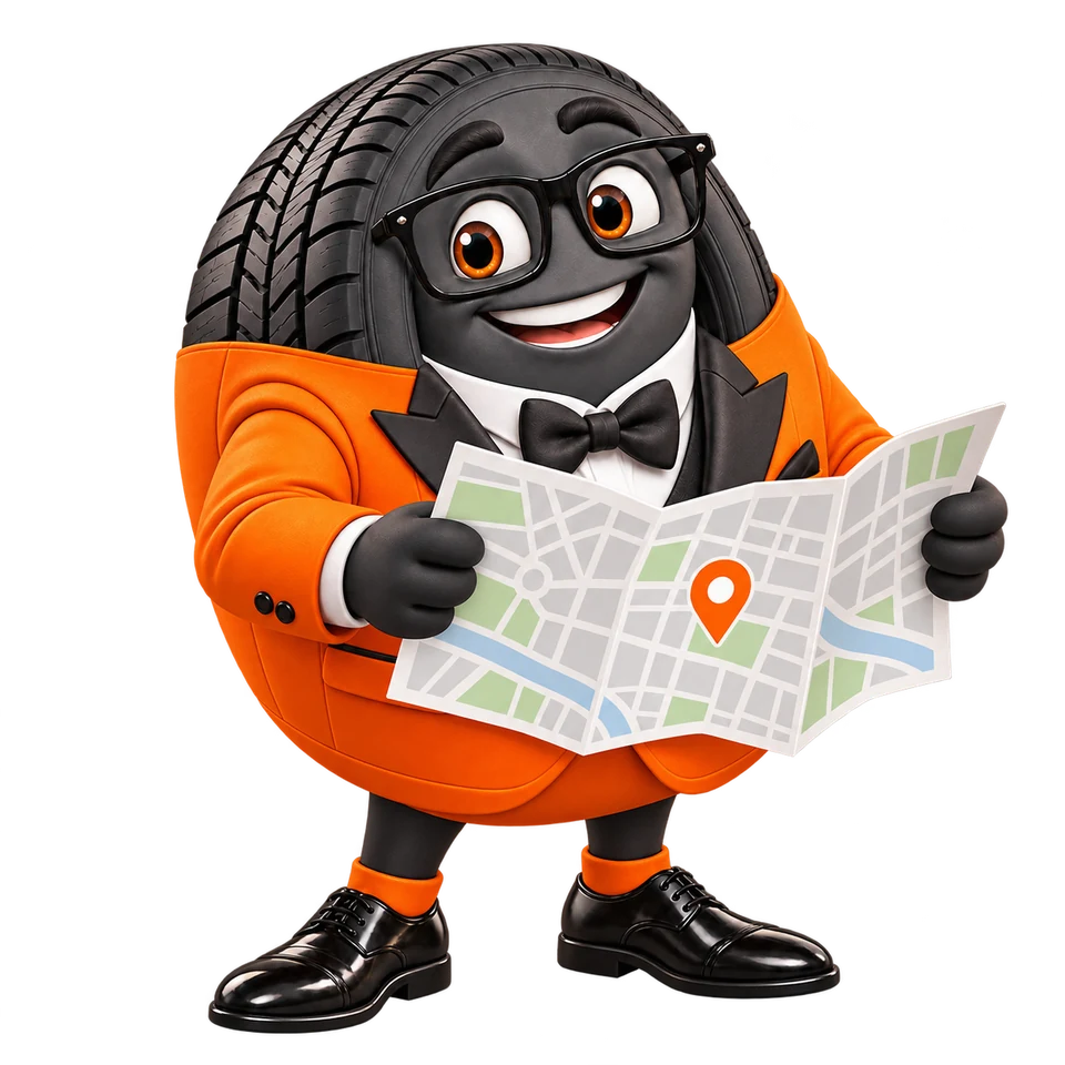 Maskot Pneubazar24 s mapou k osobnímu odběru