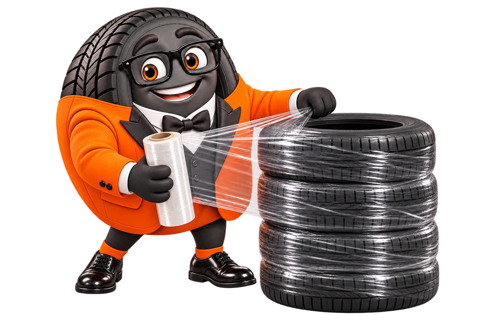 Maskot Pneubazar24 balí pneumatiky pro dopravu